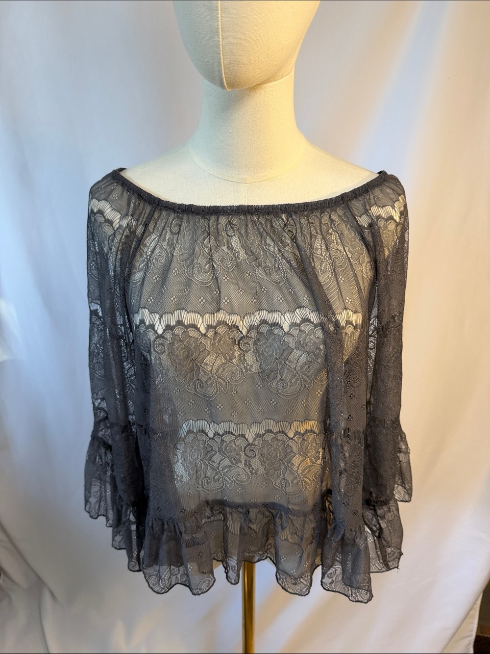 Miss Chievous Charcoal Gray Sheer Lace Off-Shoulder Blouse. Minimal hole on back